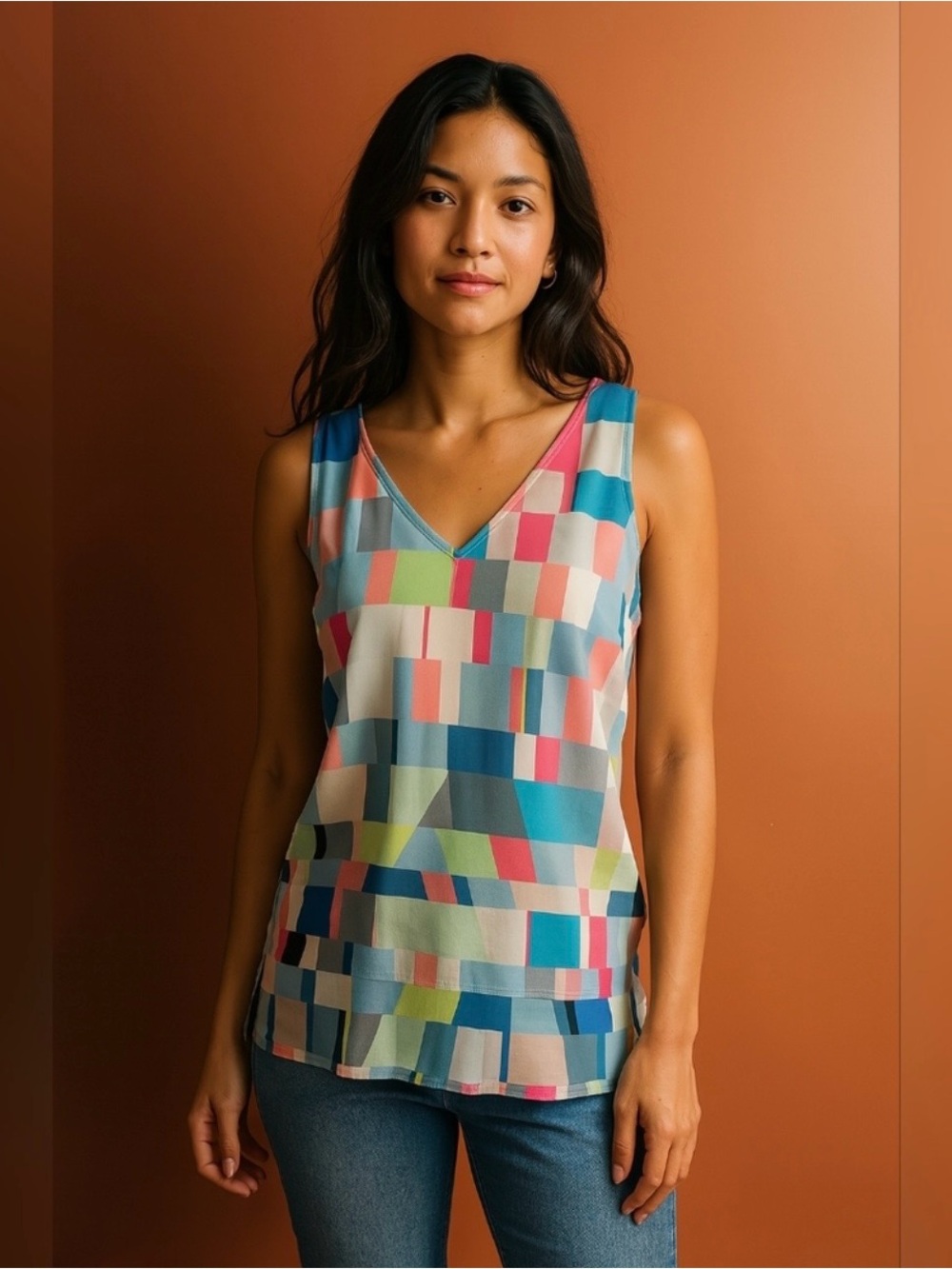 Ecru Women's Multicolor Silk Geometric V-Neck Tank Top - Size: Small